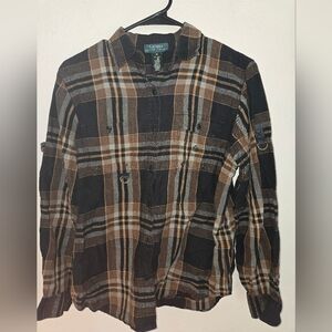 Lauren RALPH LAUREN 100% Linen Brown/Black Plaid Button Up Tab Sleeves Women's M